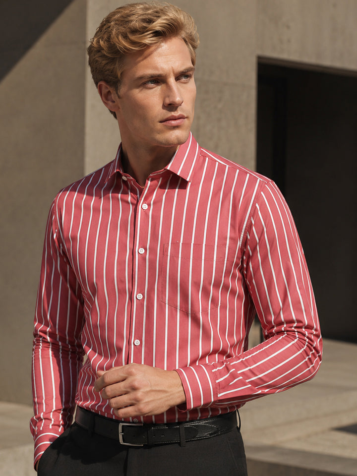 Men Red & White Striped Chambray Slim Fit Pure Cotton Formal Shirt