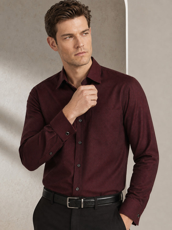 Men Maroon Dobby French Cuff Slim Fit Pure Cotton Formal Shirt