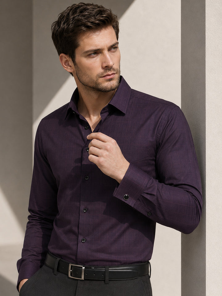 Men Burgundy Checked Cotton Stretch French Cuff Slim Fit Formal Shirt