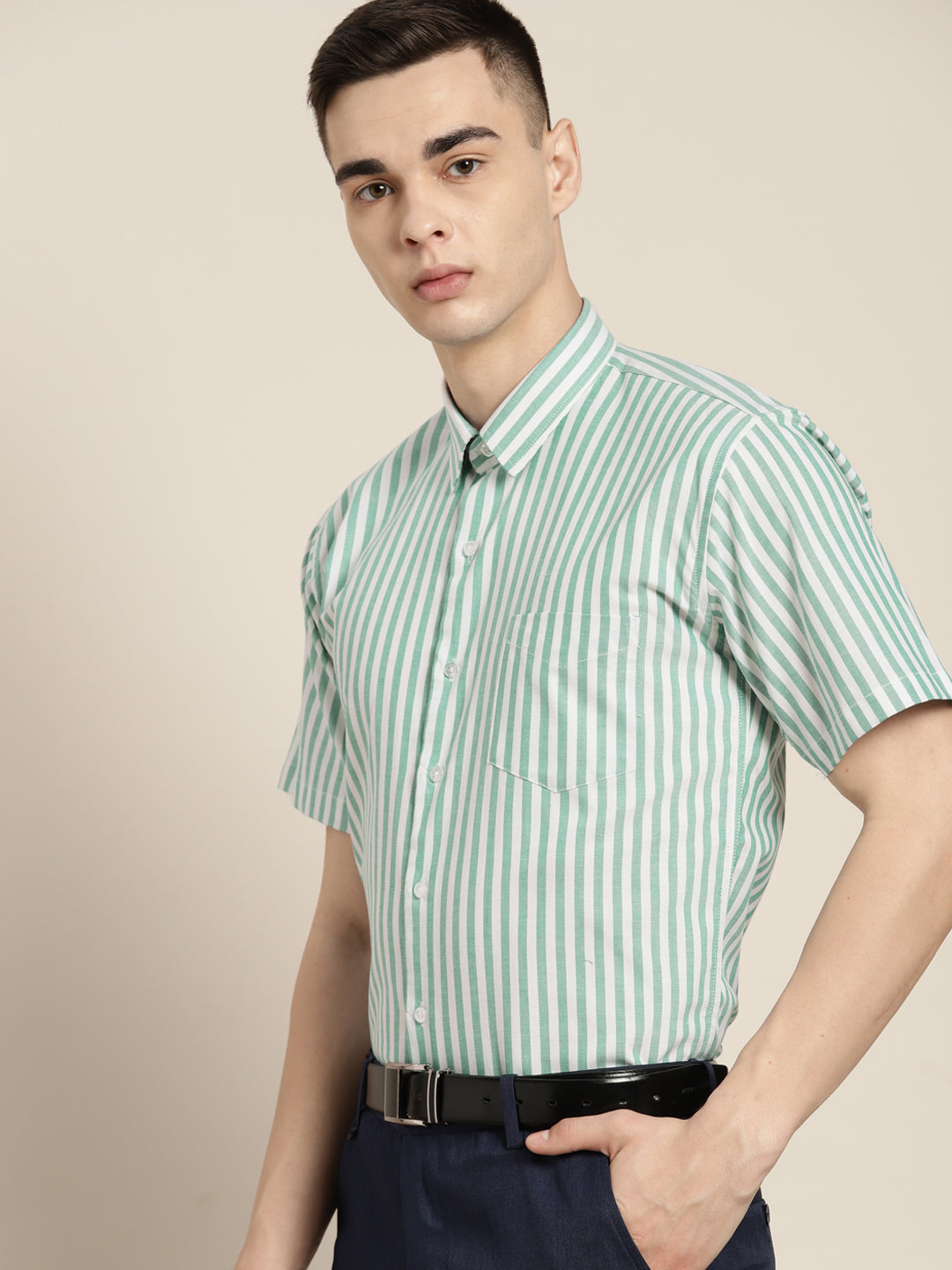 Men Green & White Stripes Pure Cotton Slim fit Formal Shirt