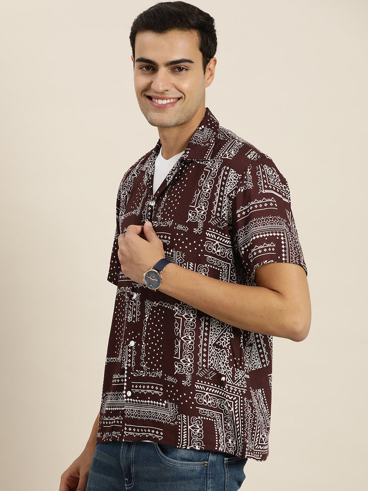 Men Maroon Print Viscose Rayon Relaxed Fit Casual Resort Shirt