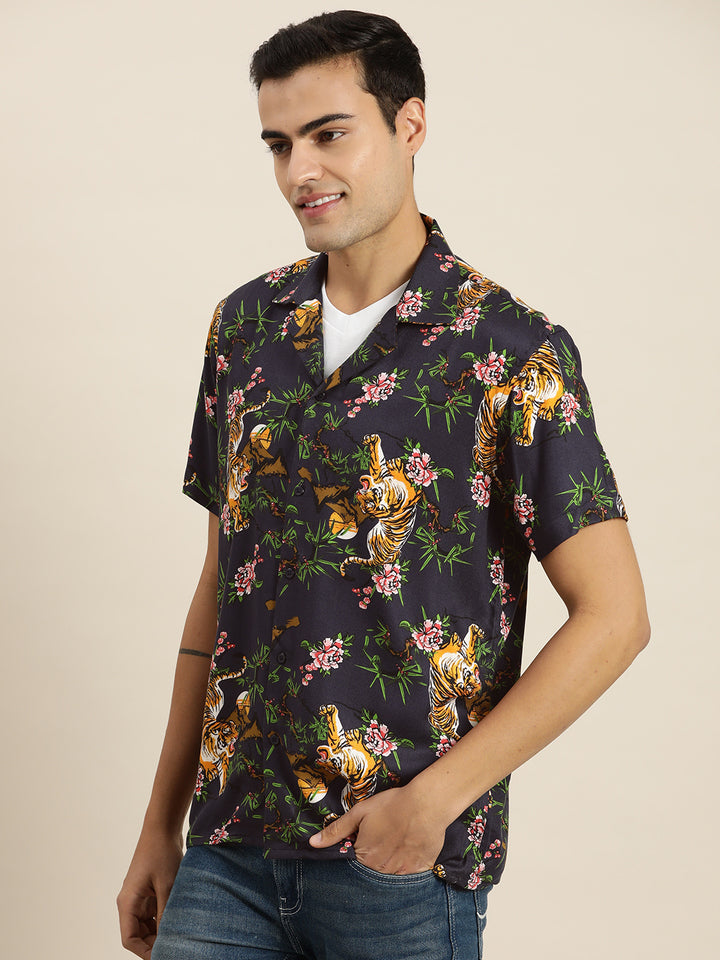 Men Navy & Multi Print Viscose Rayon Relaxed Fit Casual Resort Shirt