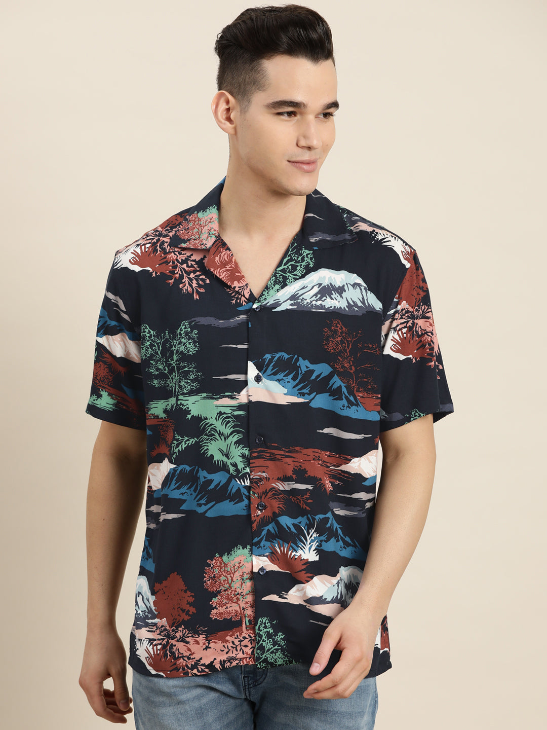 Men Navy & Blue Print Viscose Rayon Relaxed Fit Casual Resort Shirt
