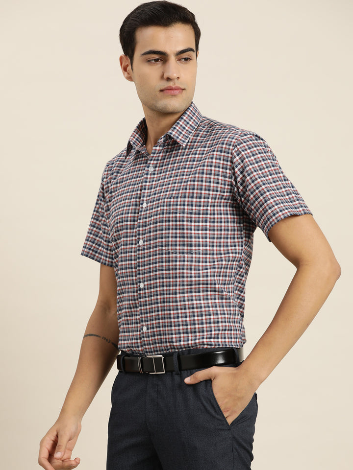 Men White & Navy Checks Cotton Rich Slim fit Formal Shirt