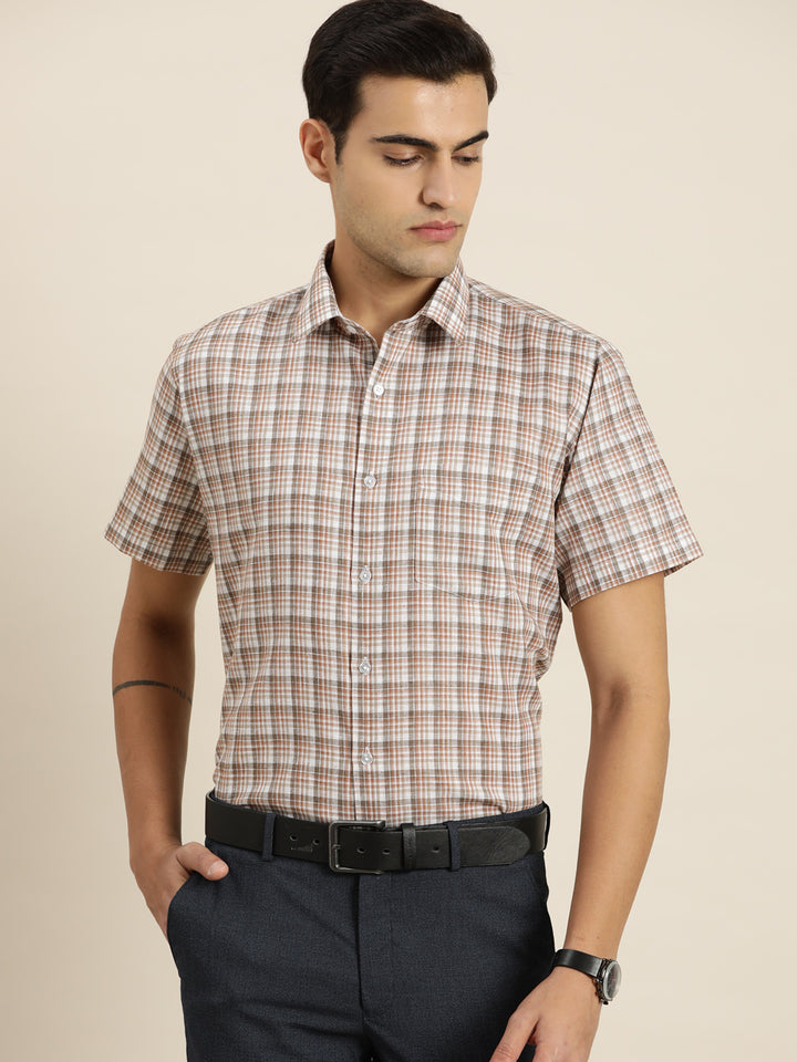 Men White & Brown Checks Cotton Rich Slim fit Formal Shirt