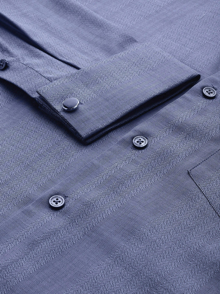 Men Navy Blue Chevron Self Design Pure Cotton Slim Fit Formal Shirt