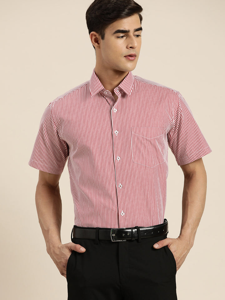 Men Red & White Stripes Pure Cotton Slim fit Formal Shirt