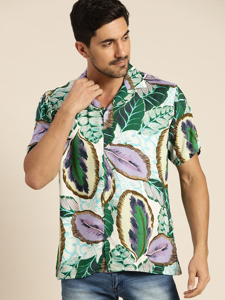 Men Green Print Viscose Rayon Relaxed Fit Casual Resort Shirt