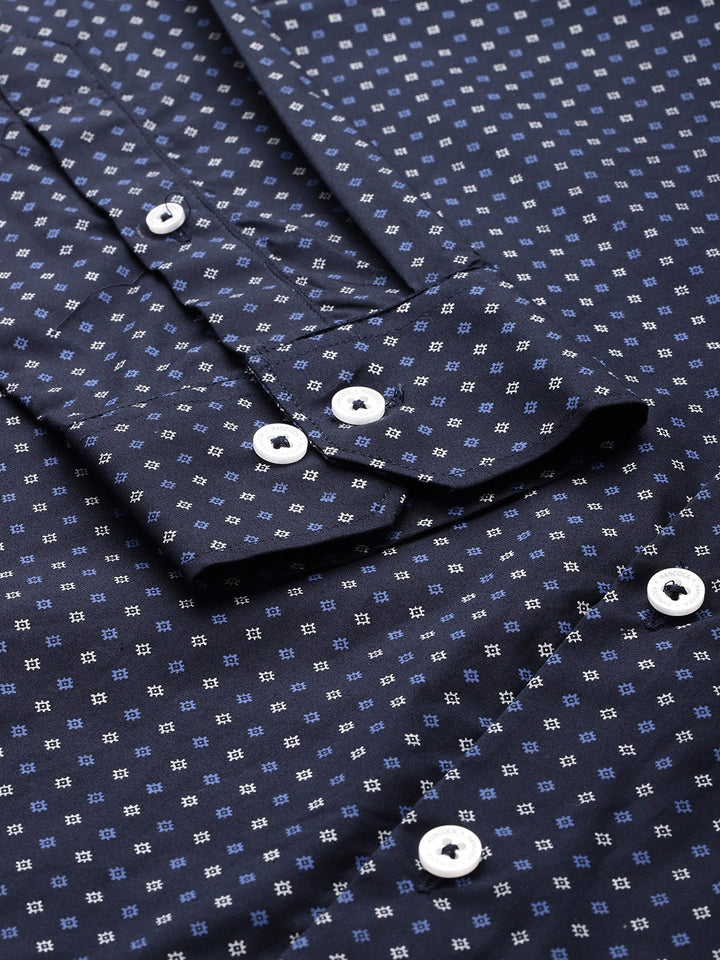 Men Navy Printed Pure Cotton Slim Fit Formal Shirt