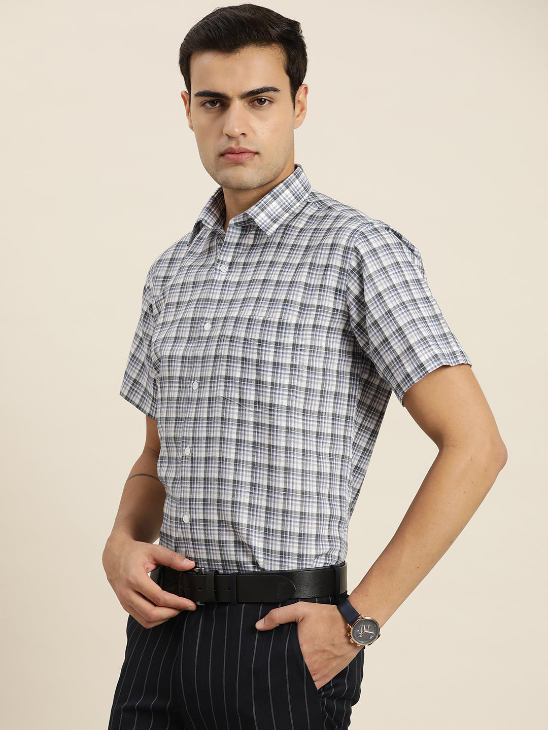 Men White & Grey Checks Cotton Rich Slim fit Formal Shirt