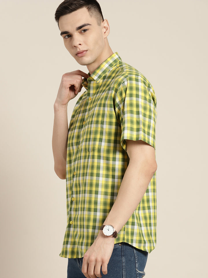 Men Yellow & Green Checks Pure Cotton Slim fit Casual Shirt