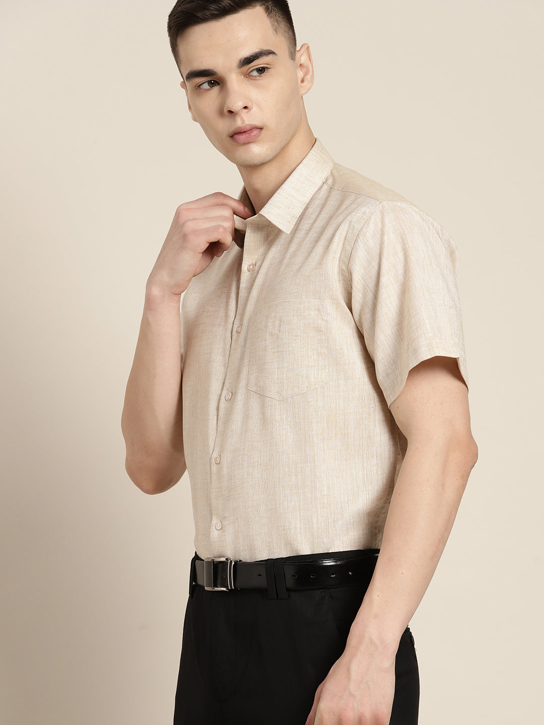 Men Beige Solid Cotton Rich Slim fit Formal Shirt