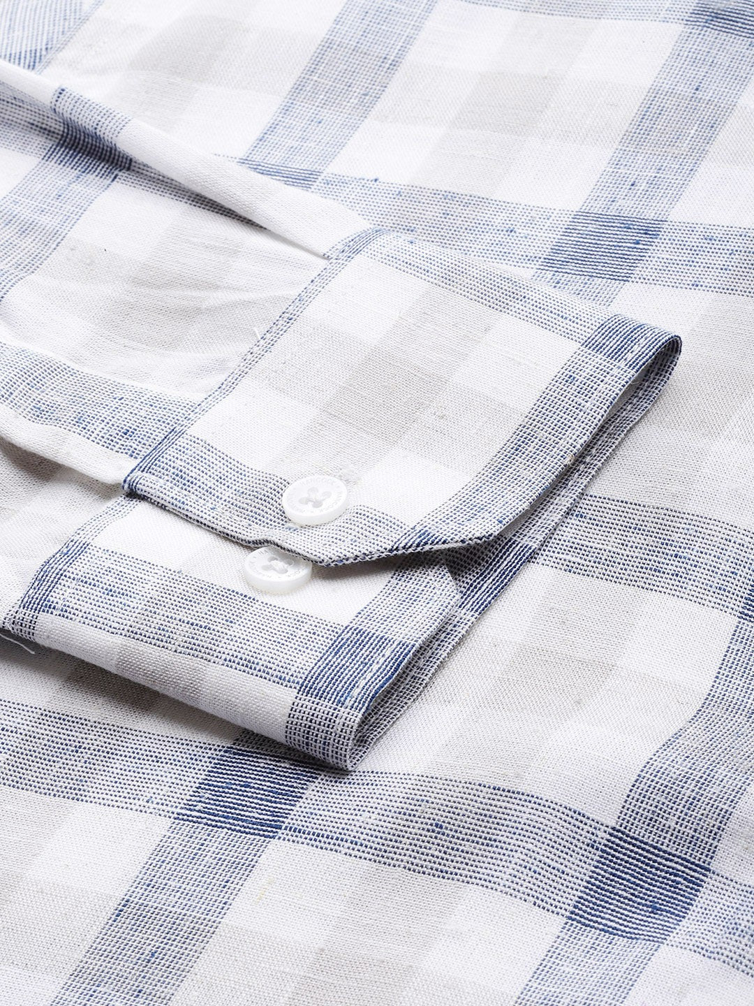 Men White & Grey Checked Pure Linen Cotton Slim Fit Formal Shirt