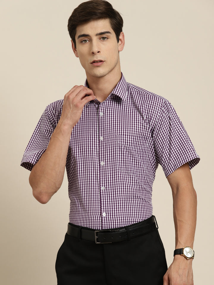 Men Purple & White Gingham Check Short Sleeve Slim fit Formal Shirt
