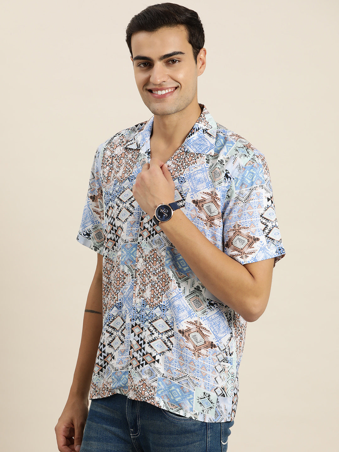Men Blue & Multi Print Viscose Rayon Relaxed Fit Casual Resort Shirt