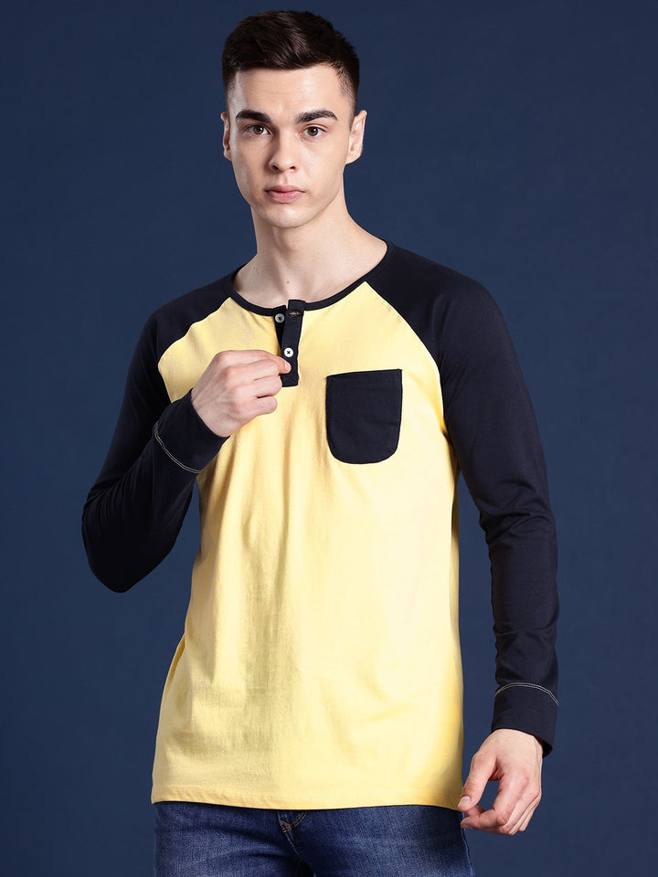 Men Yellow Solid Pure Cotton Slim Fit Henley T-Shirt