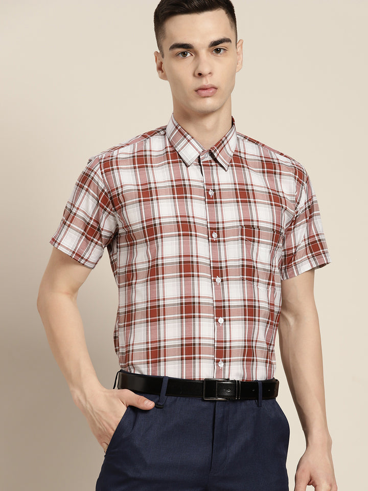 Men White & Red Checks Pure Cotton Slim fit Formal Shirt