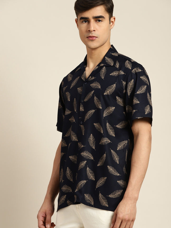 Men Navy & Olive Print Viscose Rayon Regular Fit Casual Shirt