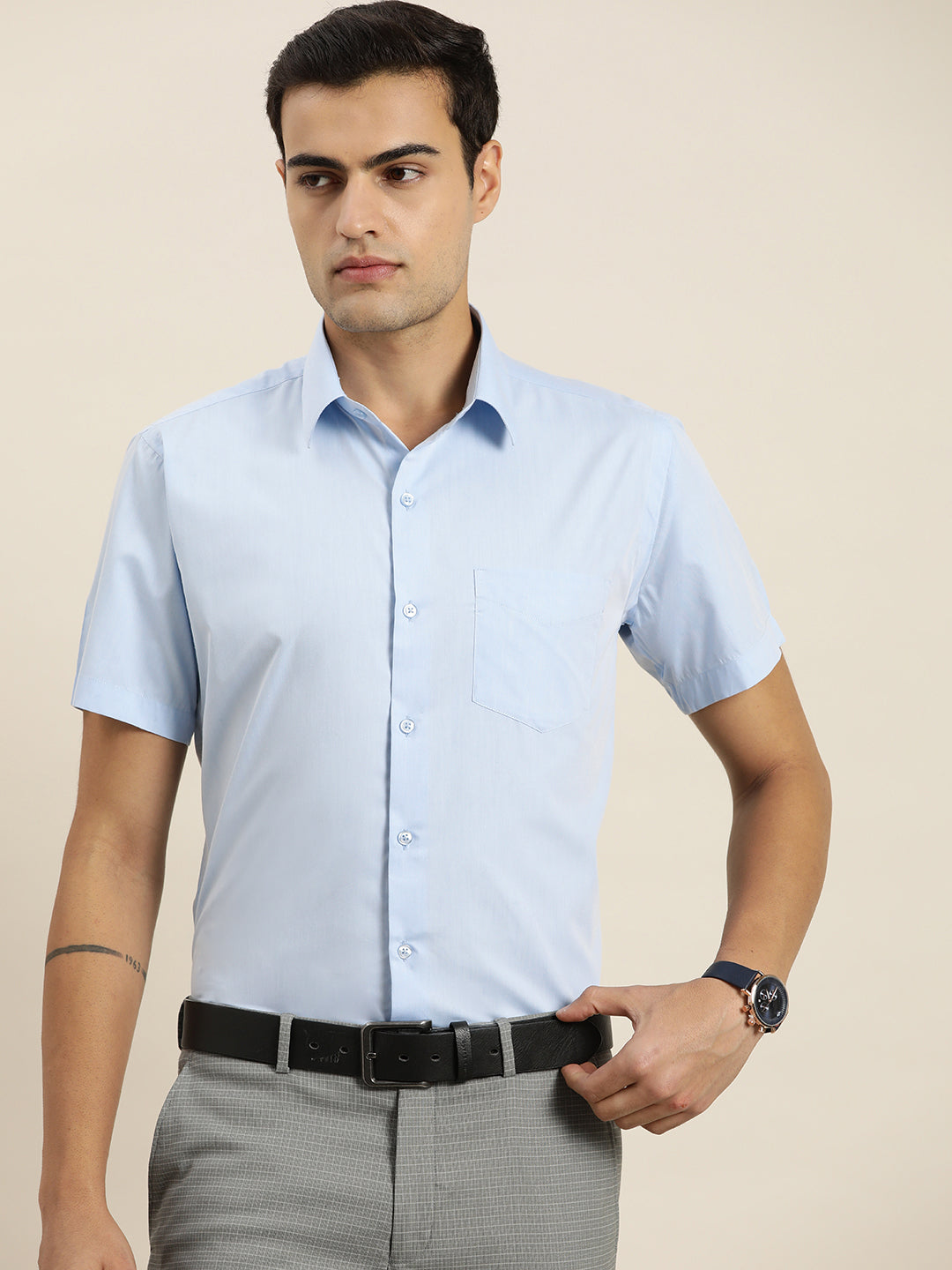 Men Sky Blue Solid Cotton Rich Slim fit Formal Shirt