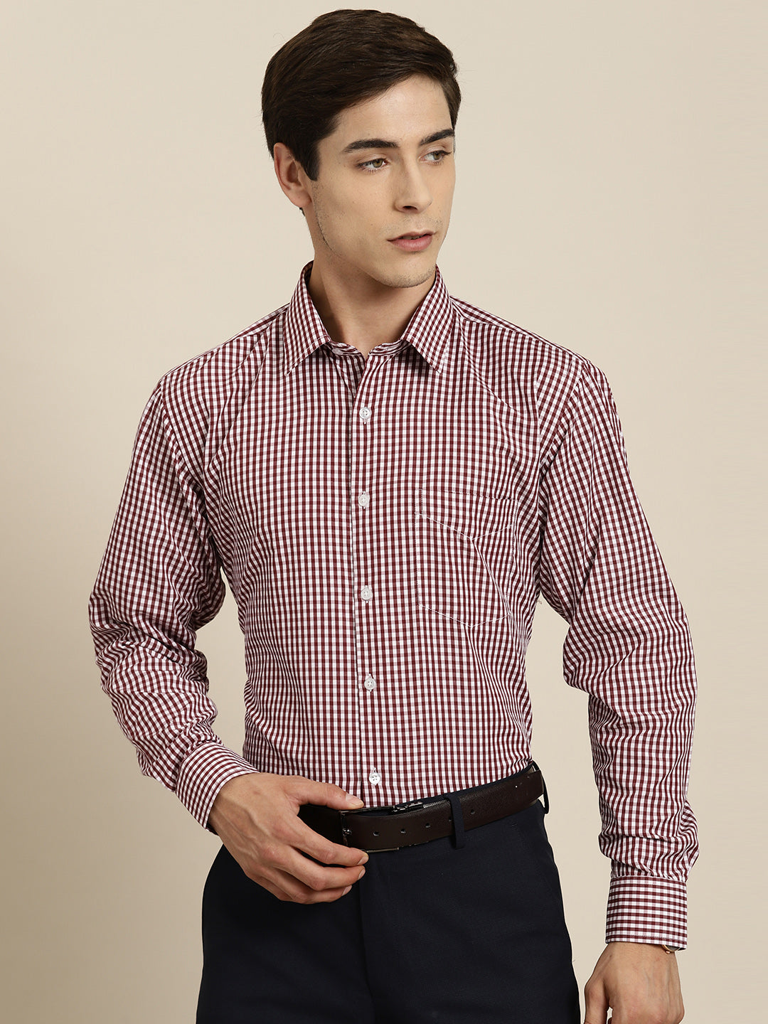 Men Maroon Gingham Check Cotton Rich Slim fit Formal Shirt