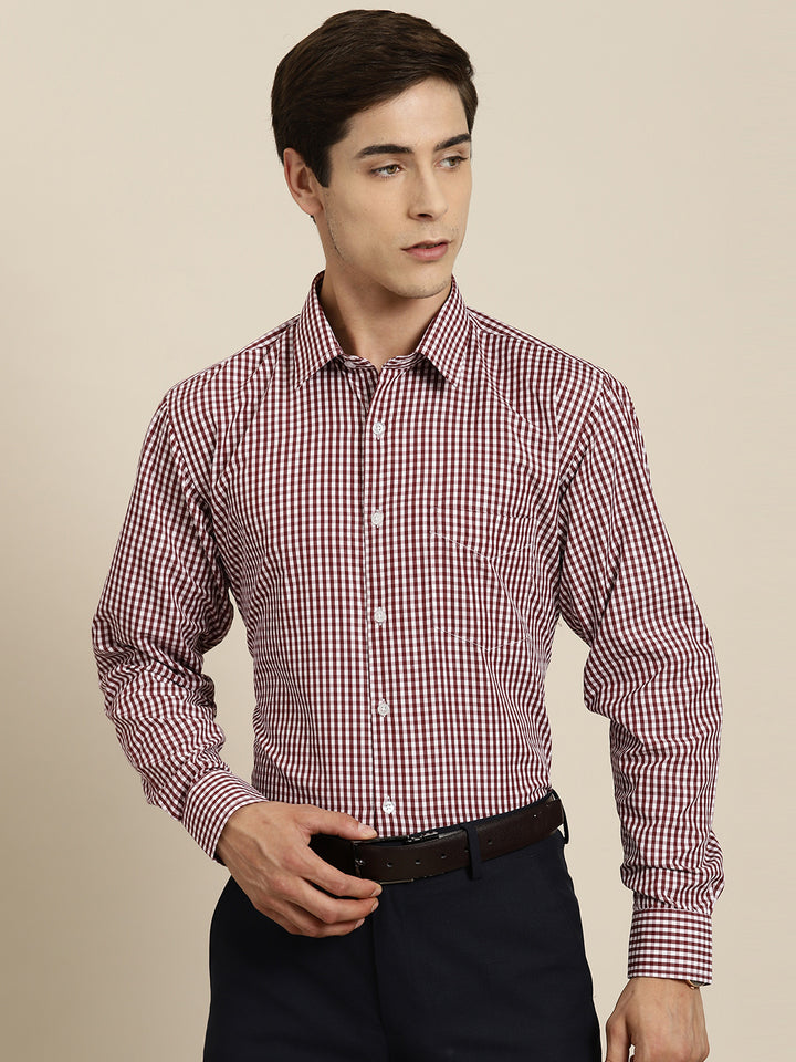 Men Maroon Gingham Check Cotton Rich Slim fit Formal Shirt