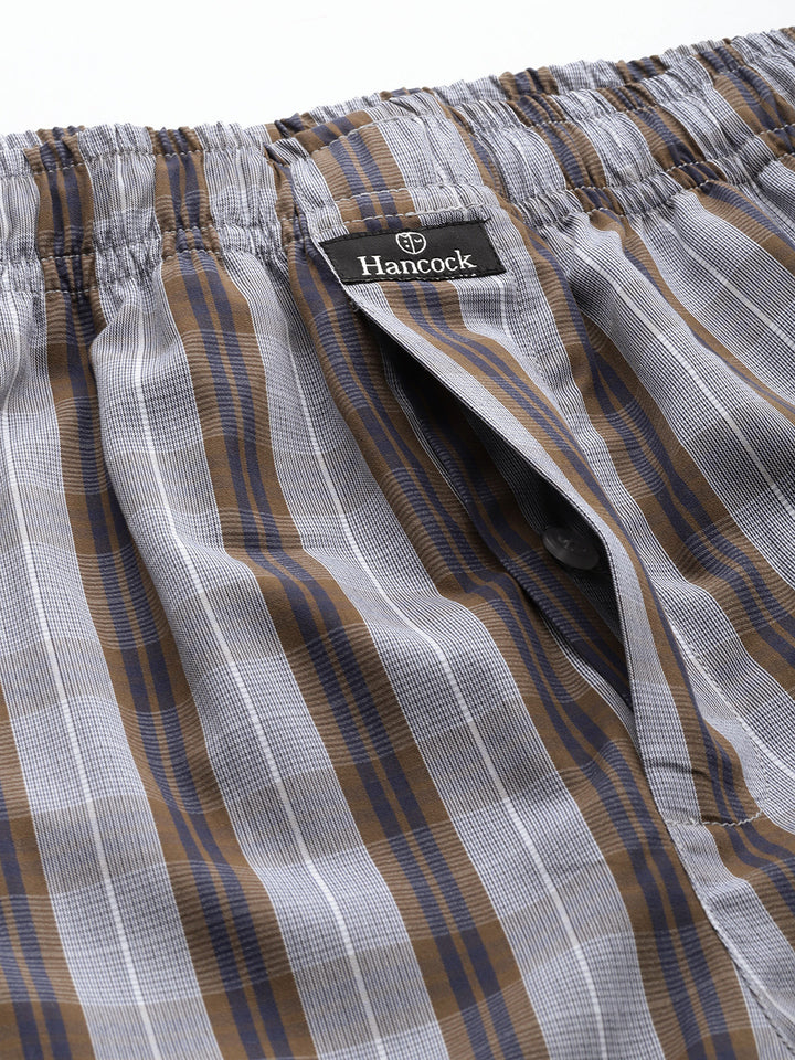 Men Grey & Brown Checked Pure Cotton Relaxed Fit Night Suit