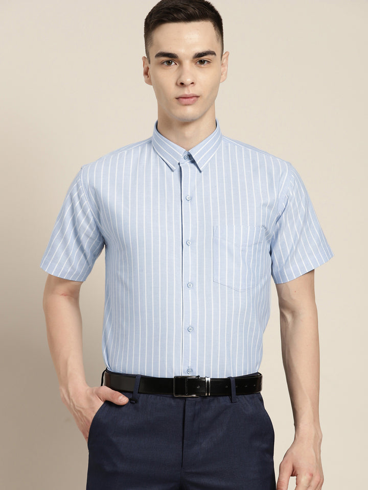 Men Blue & White Stripes Pure Cotton Slim fit Formal Shirt