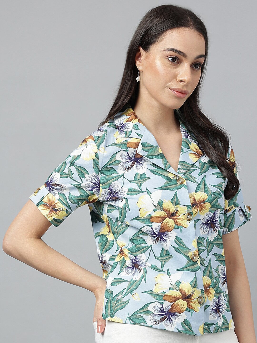 Women Sky Blue &Yellow Prints Pure Cotton Regular Fit Casual Shirt