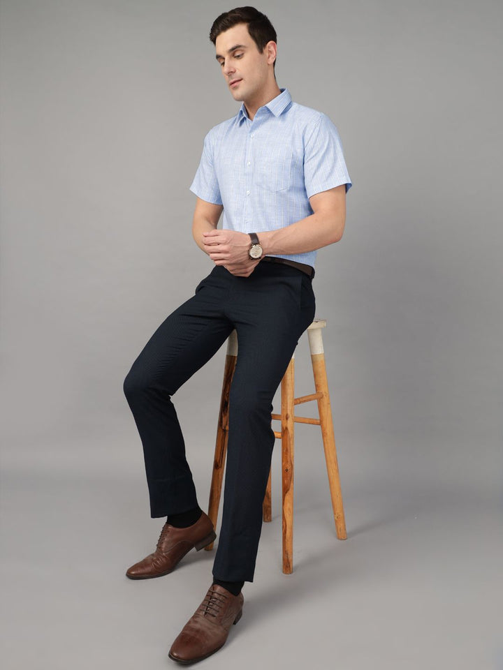 Hancock Men Sky Blue Stripe Pure Cotton Slim Fit Formal Shirt