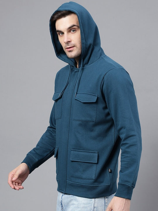 Men Turquoise Blue Solid Full Zipper Cargo Pocket Long Sleeves Fleece Hooded Sweatshirt