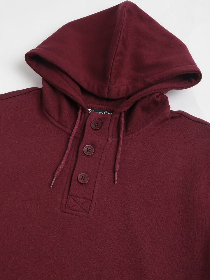 Men Burgundy Solid Half Button Placket Long Sleeves Fleece Hooded Sweatshirt