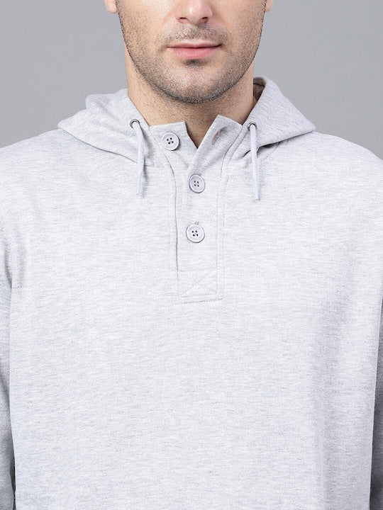 Men Melange Grey Solid Half Button Placket Long Sleeves Fleece Hooded Sweatshirt