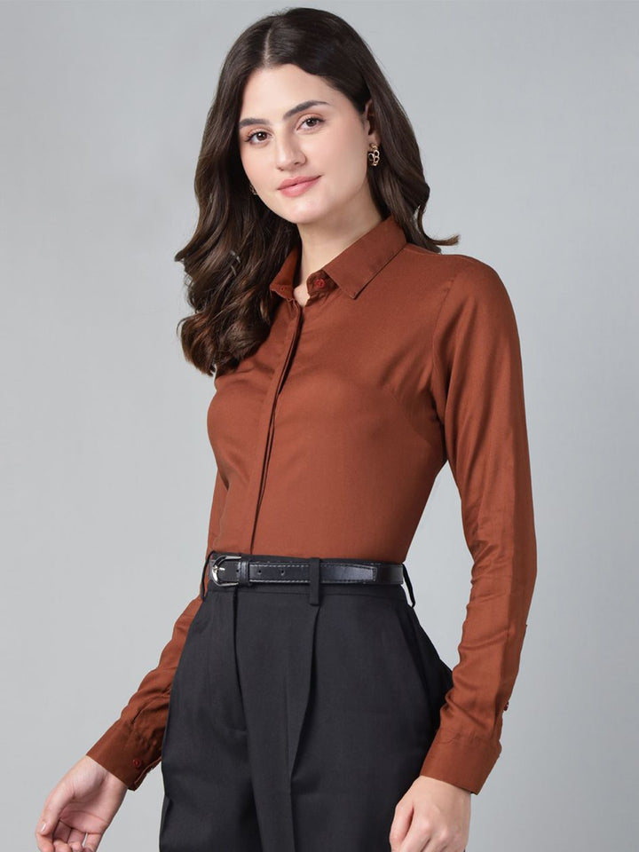 Hancock Women Rust Solid Viscose Rayon Regular Fit Formal Shirt