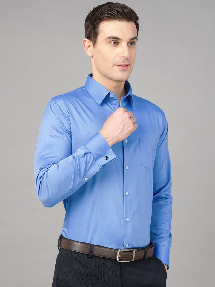 Hancock Men Blue Solid Pure Cotton Chambray Slim Fit French Cuff Formal Shirt