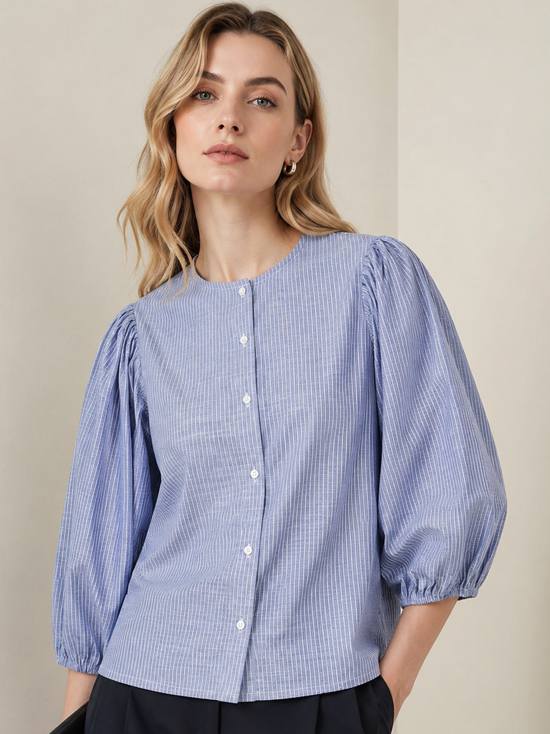 Hancock Women Blue & White Striped Pure Cotton Regular Fit Formal Shirt
