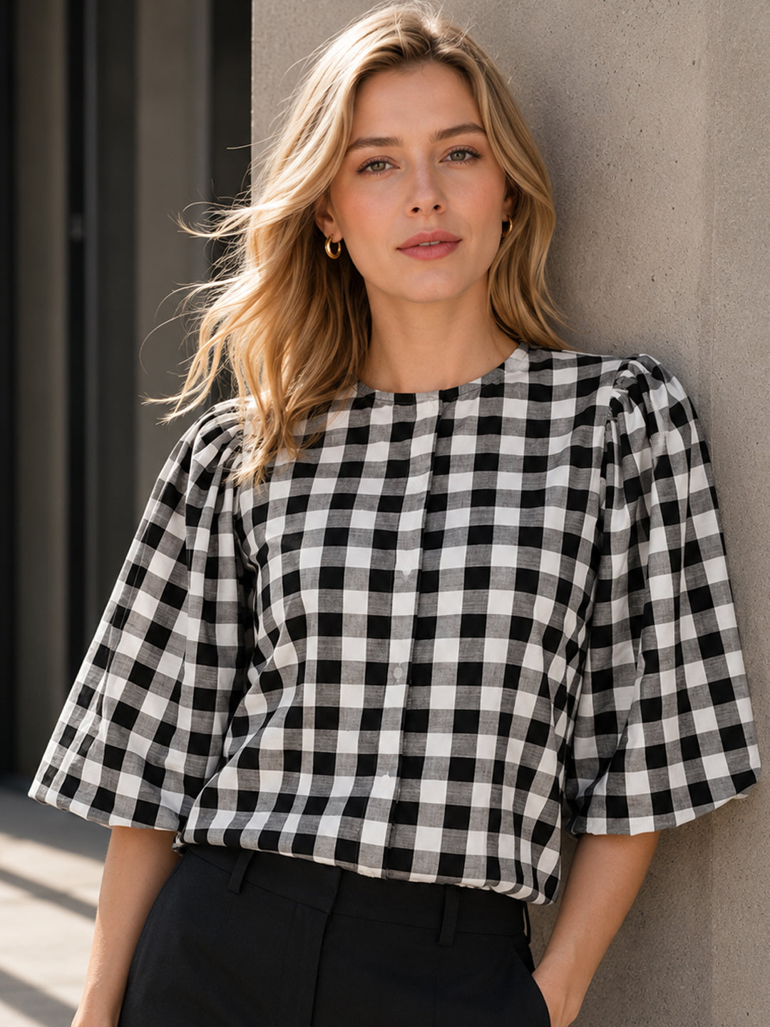 Hancock Women White & Black Checked Pure Cotton Regular Fit Formal Shirt