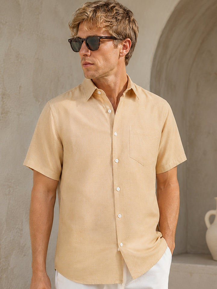 Men Tan Solid Slim Fit Linen Formal Shirt