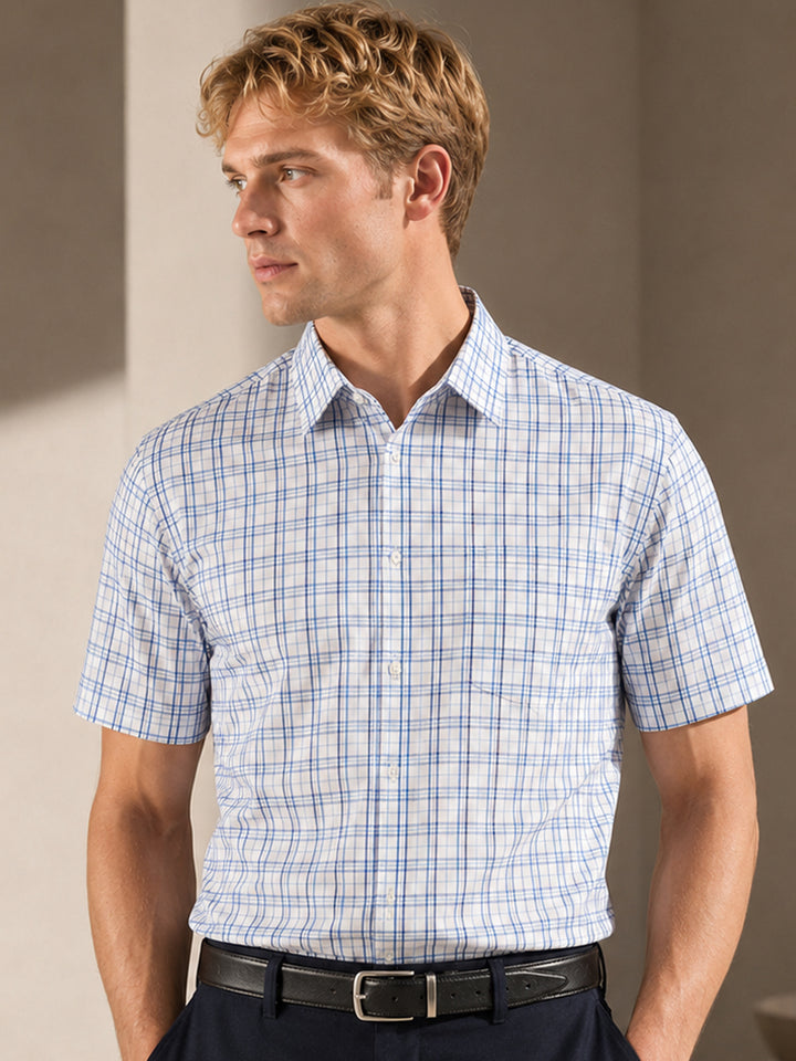 Men Blue Poplin Checked Slim Fit Pure Cotton Formal Shirt