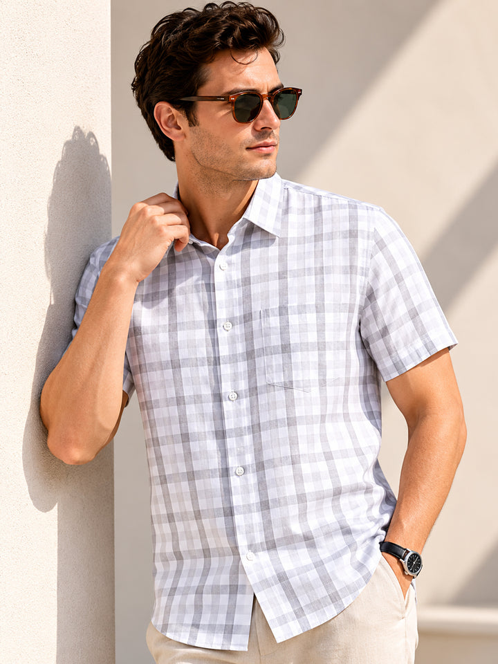 Men White & Grey Checked Slim Fit Linen Formal Shirt