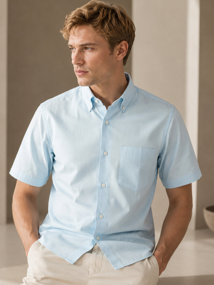 Men Sky Blue Solid Slim Fit Pure Cotton Button Down Collar Shirt