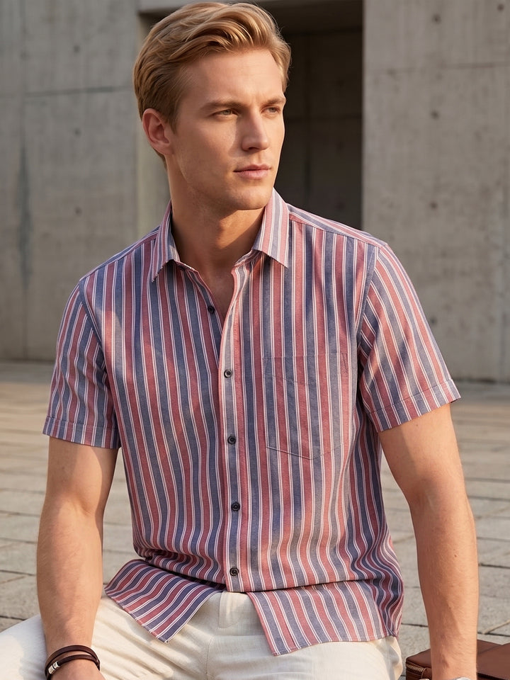 Men Red & Navy Blue Striped Chambray Slim Fit Pure Cotton Formal Shirt