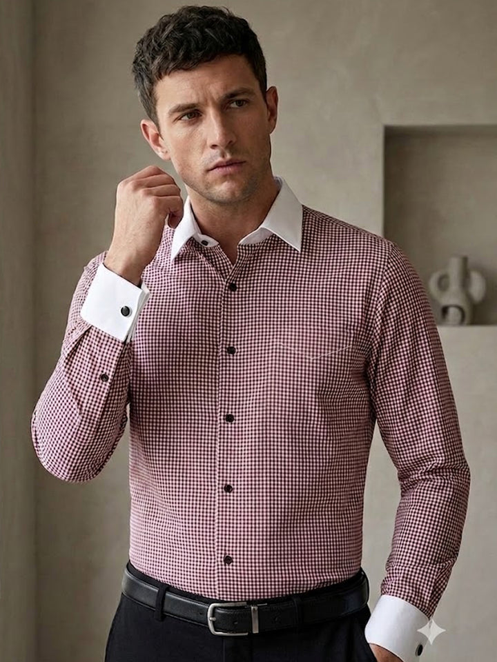 Men White & Maroon Micro Checked Slim Fit French Cuff Pure Cotton Stretch Formal Shirt