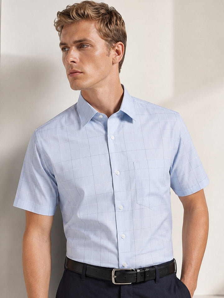 Men Sky Blue Checked Slim Fit Pure Cotton Formal Shirt