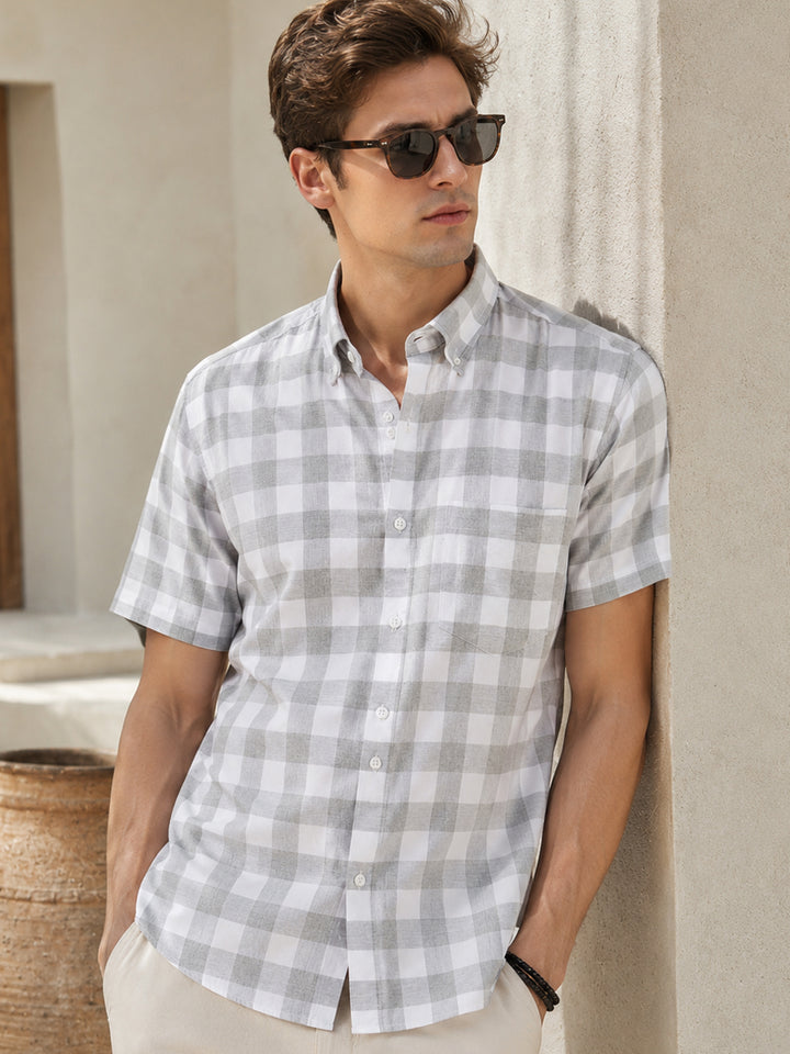 Men Grey & White Buffalo Checked Pure Cotton Button Down Collar Short Sleeve Shirt
