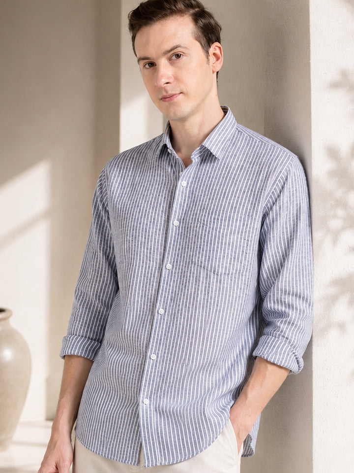 Men Blue & White Striped Slim Fit Linen Formal Shirt