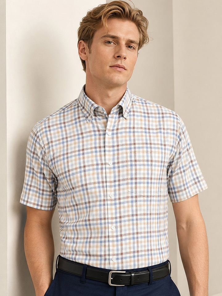 Men Cream Checked Slim Fit Pure Cotton Formal Shirt