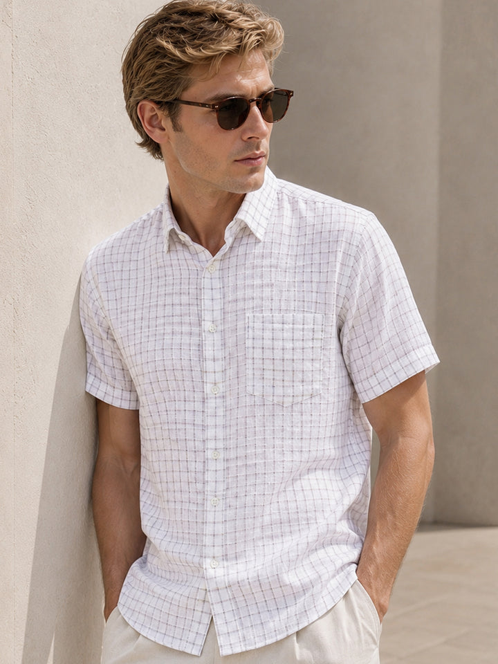 Men White & Grey Checked Slim Fit Linen Formal Shirt