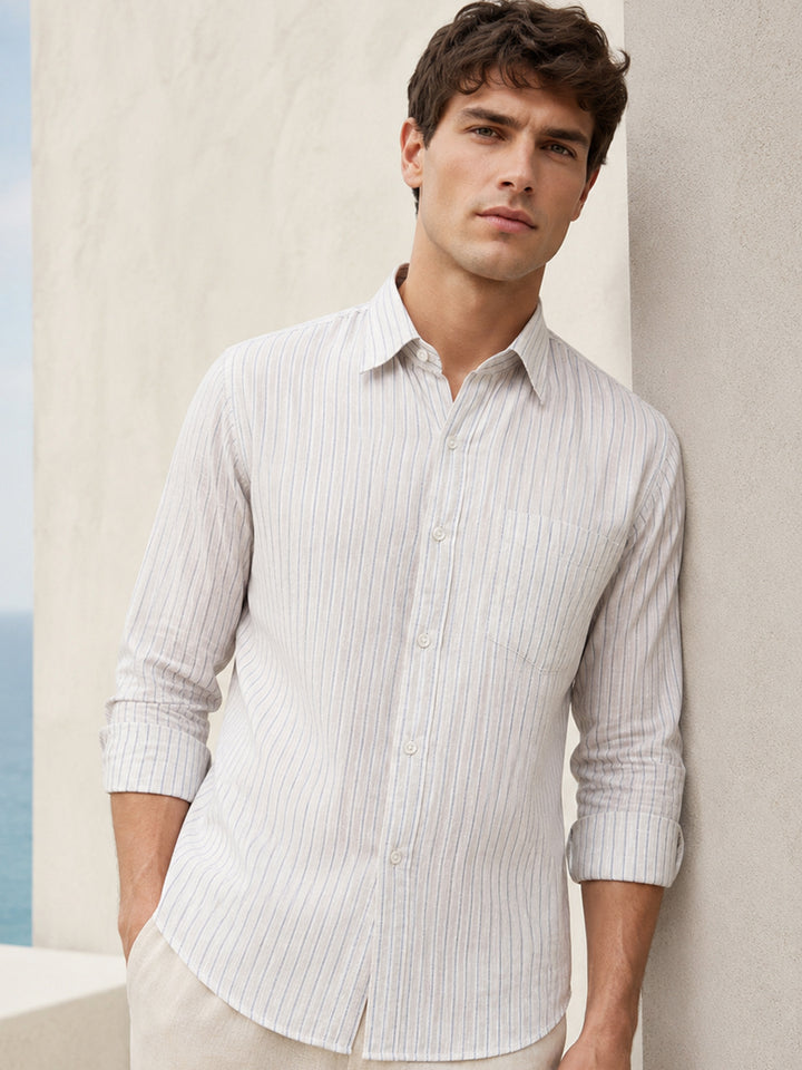 Men Beige Striped Slim Fit Linen Formal Shirt