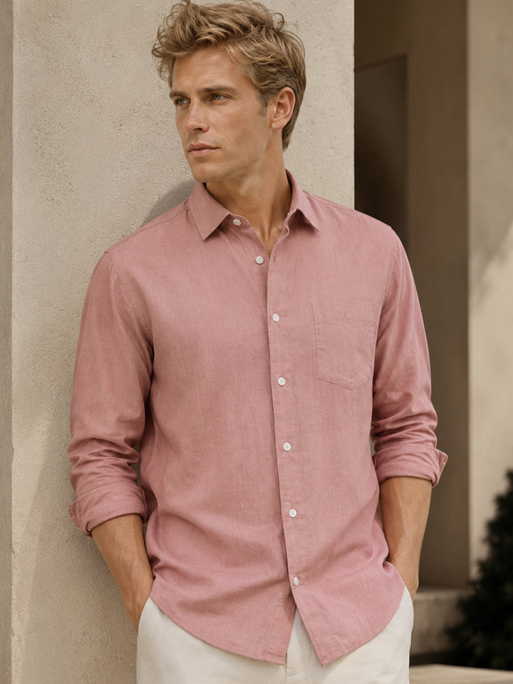 Men Dusty Pink Solid Slim Fit Linen Formal Shirt