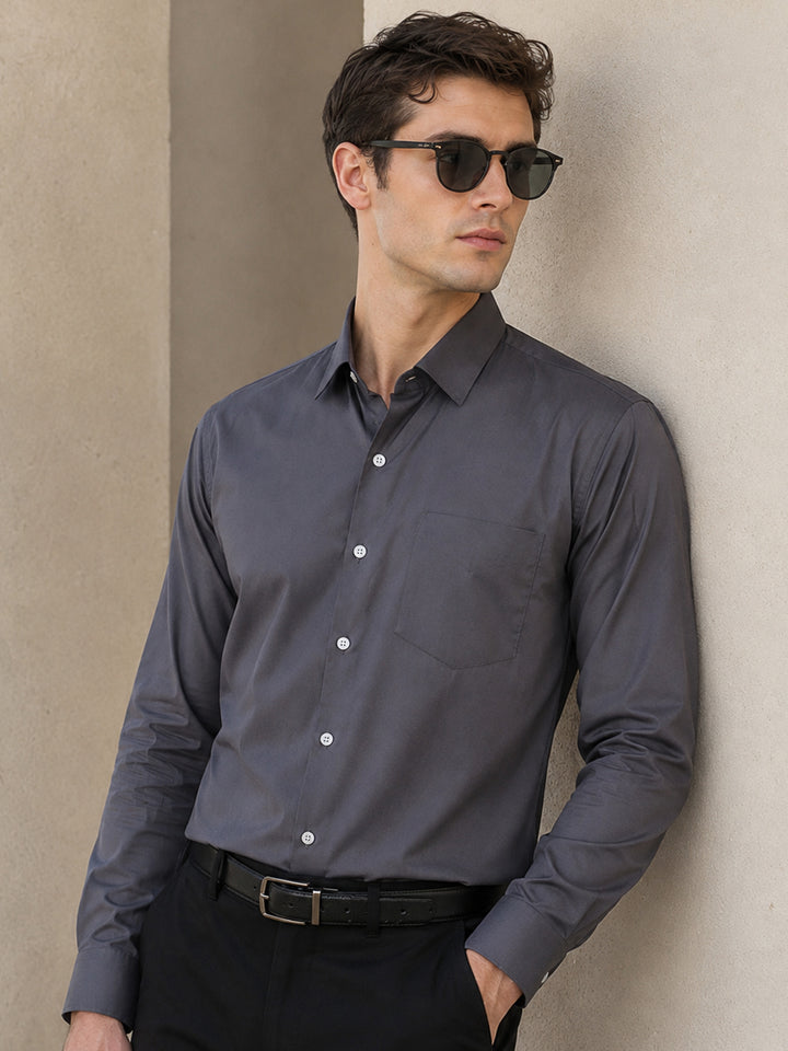 Men Grey Solid Wrinkle Ressistant Slim Fit Cotton Stretch Formal Shirt